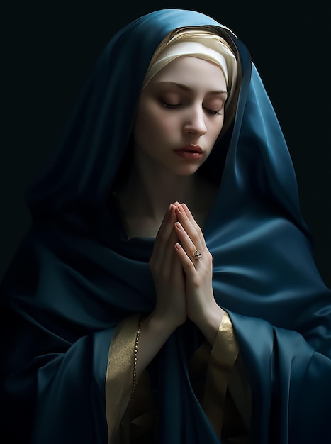 Una donna in una veste blu prega nelle sue mani