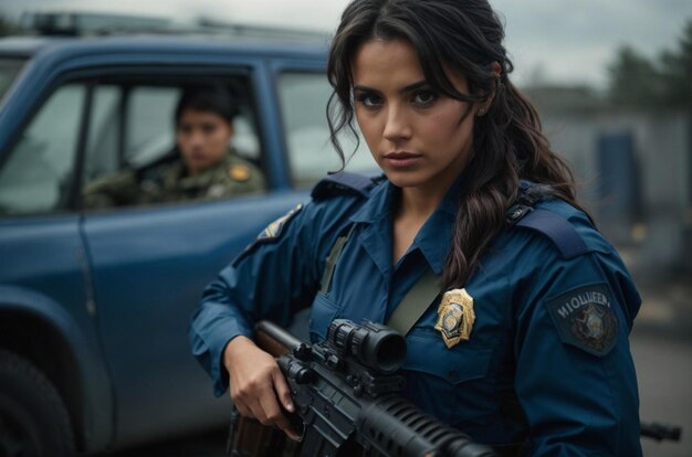 una donna in uniforme blu con una pistola in mano si trova di fronte a un'auto blu.