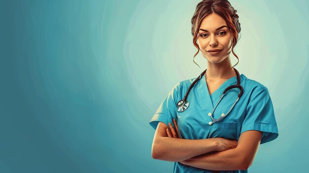 una donna in uniforme blu con uno stetoscopio al collo