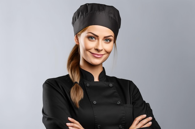 Una donna in uniforme da chef con le braccia incrociate