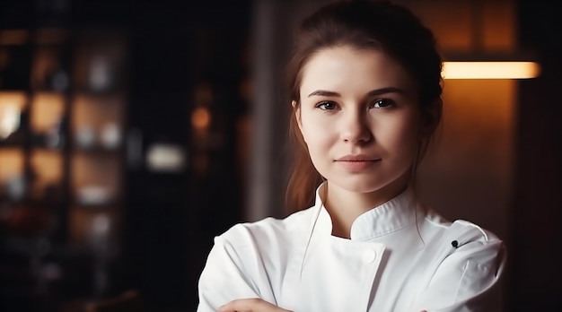 Una donna in uniforme da chef si trova in una stanza buia con le braccia incrociate.