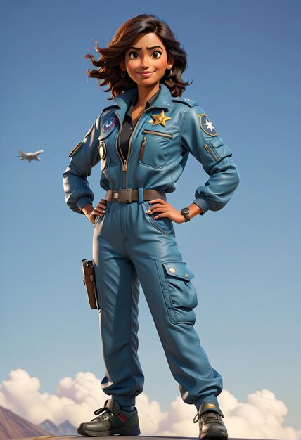 una donna in uniforme da pilota in piedi su una roccia