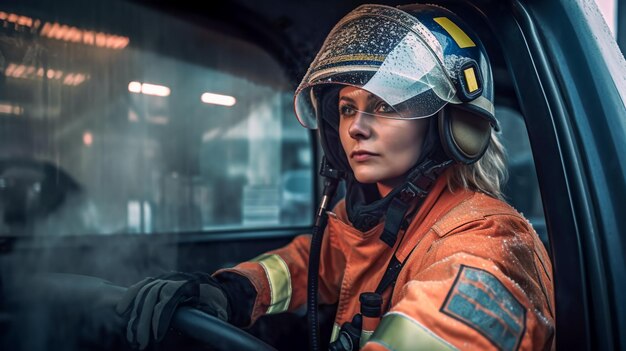 Una donna in uniforme da vigile del fuoco guida un veicolo.