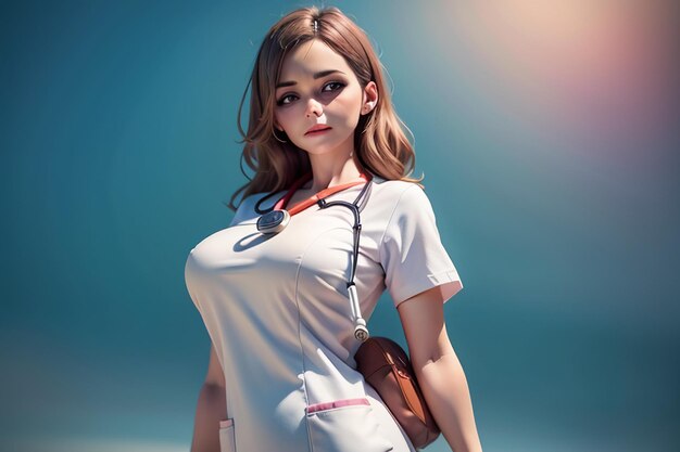 Una donna in uniforme di infermiera bianca si trova di fronte a uno sfondo blu.