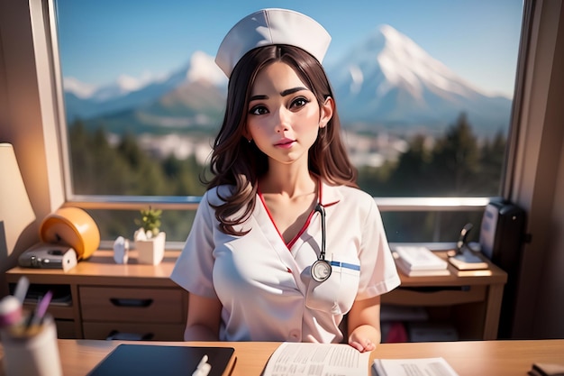 Una donna in uniforme di infermiera si siede a una scrivania davanti a una montagna.