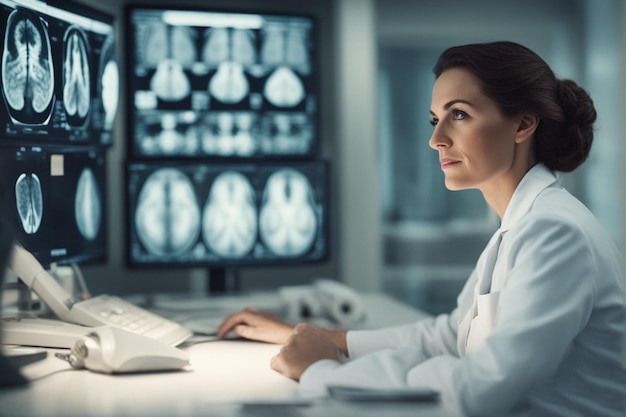 una donna in uniforme medica siede a una scrivania con un monitor e un monitor che mostra un dispositivo medico con il cervello e un dispositivo medico.