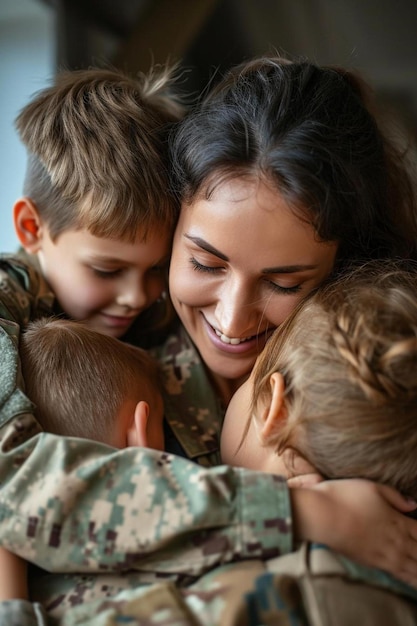 una donna in uniforme militare che abbraccia due bambini