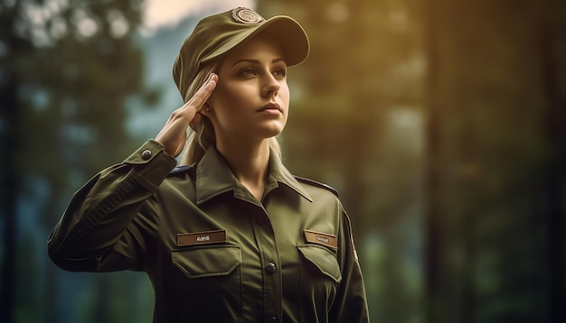 Una donna in uniforme militare che saluta in una foresta