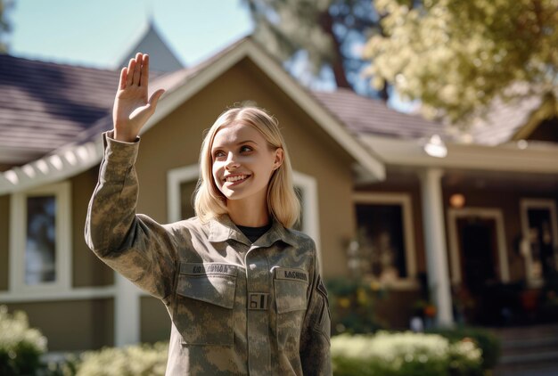 Una donna in uniforme militare che saluta la telecamera