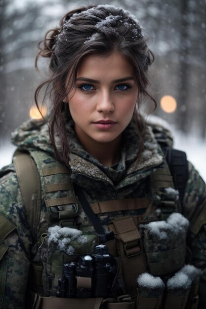 una donna in uniforme militare con gli occhi blu e un cappello in testa.