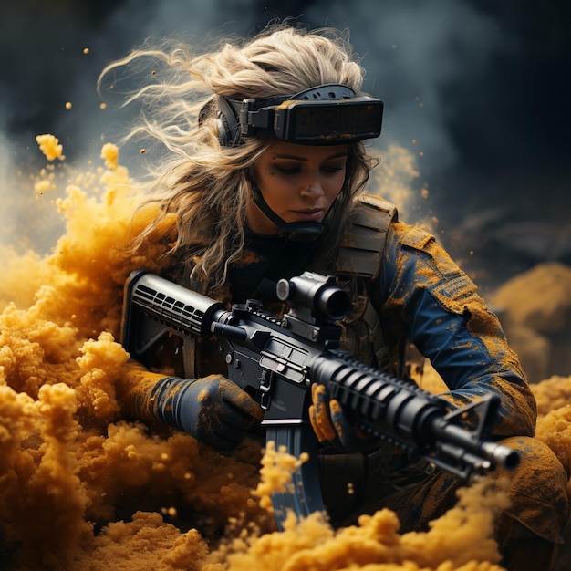 una donna in uniforme militare con una pistola al centro dell'immagine
