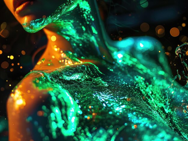 Una donna in verde luminoso verde illuminazione vernice arte del corpo AI generativa