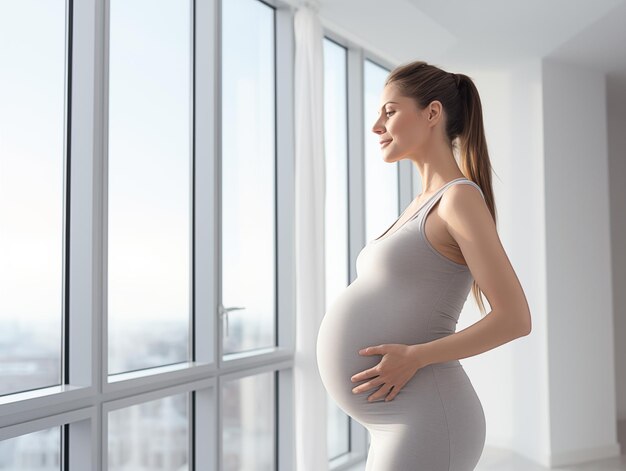 Una donna incinta che guarda fuori dalla finestra con speranza