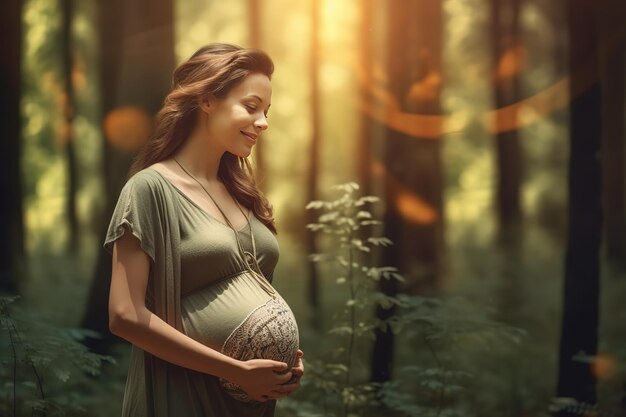 Una donna incinta è in piedi nella foresta