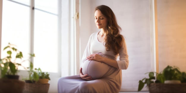 Una donna incinta seduta in contatto con il suo bambino in crescita
