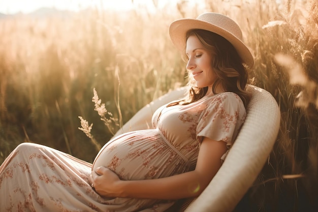 Una donna incinta seduta su una sedia in un campo creato con la tecnologia Generative AI