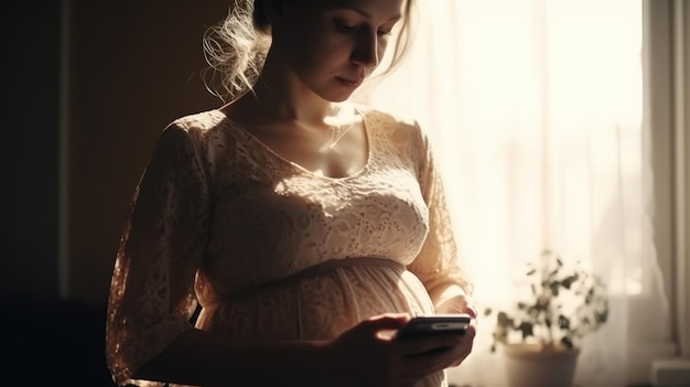 Una donna incinta sta usando un telefono davanti a una finestra.