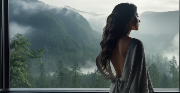 una donna incorniciata da dietro che guarda una foresta nebbiosa dal suo balcone abbracciando la solitudine