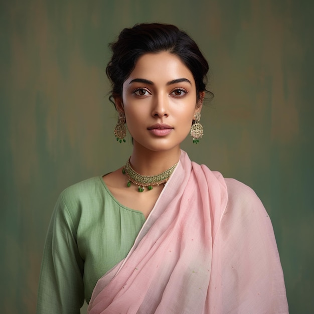 Una donna indiana bella ed elegante iperrealista che indossa un salwar di lino rosa chiaro con i capelli corti