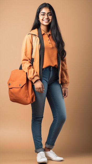 Una donna indiana con un top arancione e jeans tiene in mano una borsa e indossa uno zaino