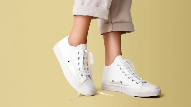 Una donna indossa sneakers converse bianche su sfondo giallo.