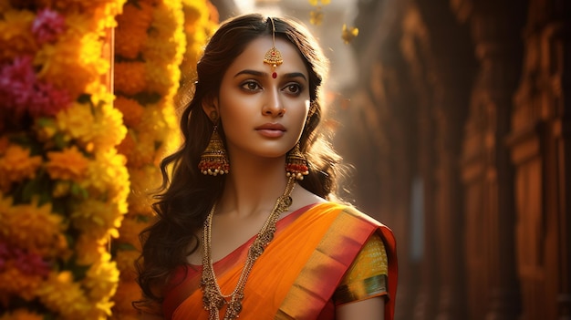 Una donna indossa un sari arancione e giallo vibrante che mostra i colori ricchi e l'abbigliamento tradizionale della sua cultura