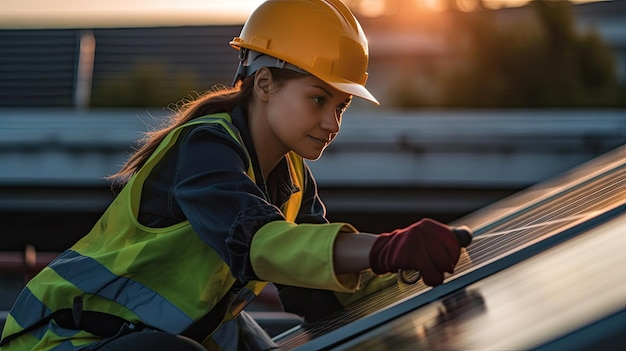 Una donna ingegnere elettricista che usa una mano per controllare i pannelli solari sul tetto energia pulita natura sistemi fotovoltaici l'energia prodotta dal sole Energia sostenibile concetto generativo Ai