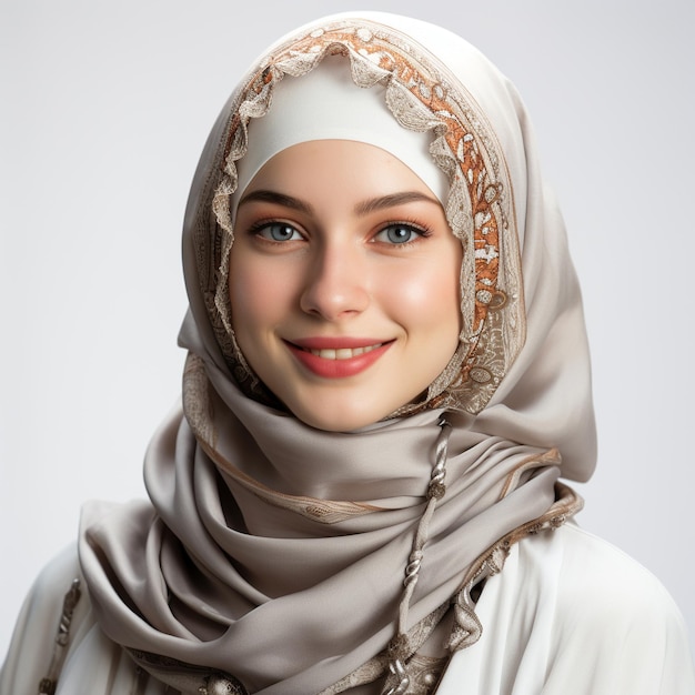 una donna islamica con l'hijab syari che mostra il suo sorriso