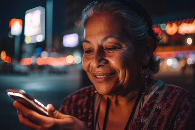 Una donna ispanica messicana senior vestiti alla moda utilizzando il telefono cellulare con lo sfondo della strada urbana della città di notte AI generativa AIG18