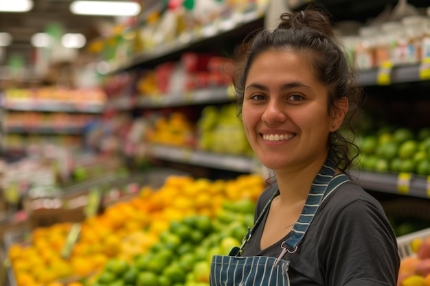 Una donna ispanica sorridente che lavora nella sezione frutta del supermercato che guarda la telecamera