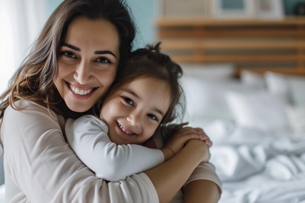 Una donna latina e sua figlia si abbracciano in camera da letto.