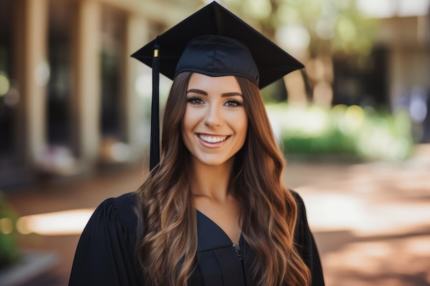 una donna laureata sorridente con berretto e abito