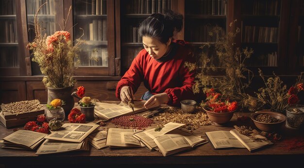 Una donna lavora a un tavolo con dei libri e sopra un libro.