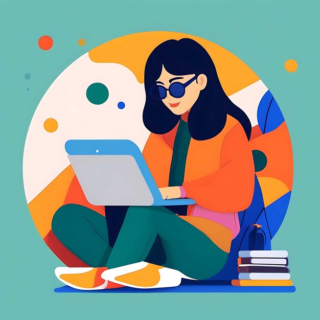 Una donna lavora con un portatile Concept Flat Illustration for Working