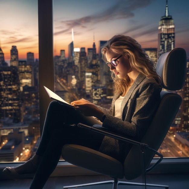 Una donna lavora con un tablet in un ufficio moderno