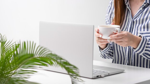 Una donna lavora o studia su un laptop da remoto a casa. Stile di vita sociale, mani femminili