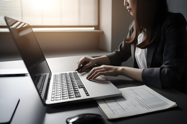 Una donna lavora su un computer portatile con carta e penna davanti a sé