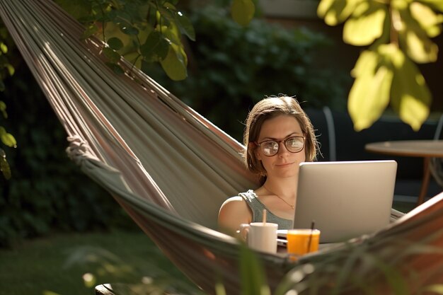 Una donna lavora su un computer portatile sdraiata su un'amaca nella natura generativa ai