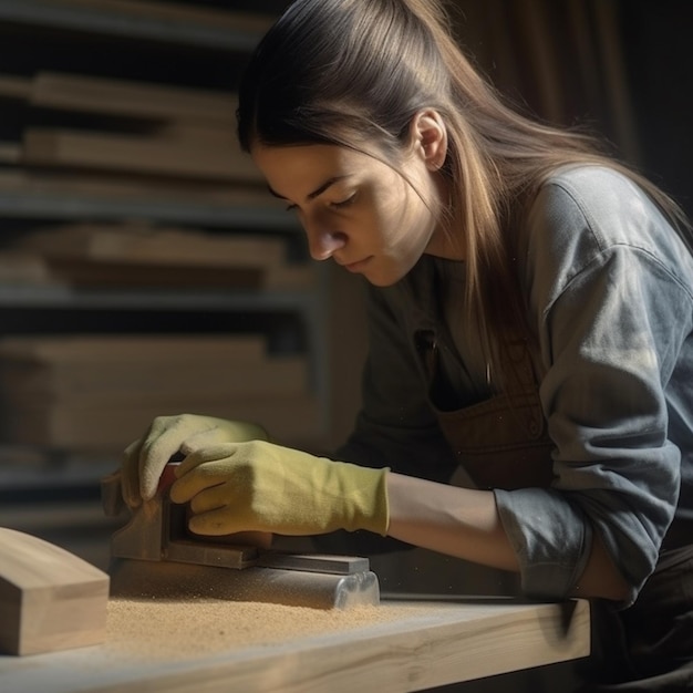 Una donna lavora su un pezzo di legno con uno strumento in mano.