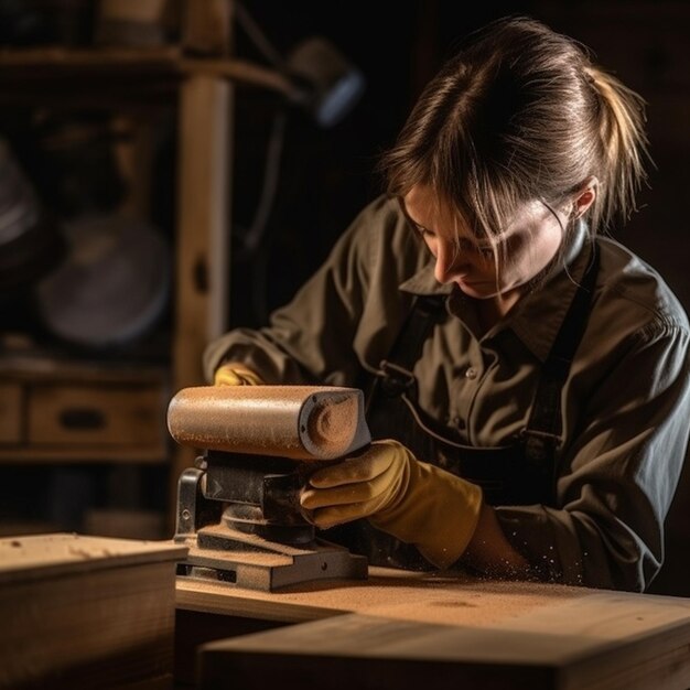 Una donna lavora su un pezzo di legno in un'officina.