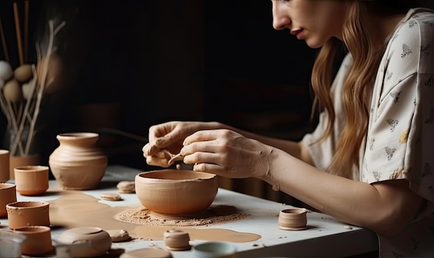 Una donna lavora su una ruota di ceramica in un laboratorio di IA generativa