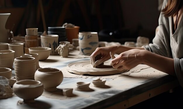 Una donna lavora su una ruota di ceramica in un laboratorio di IA generativa