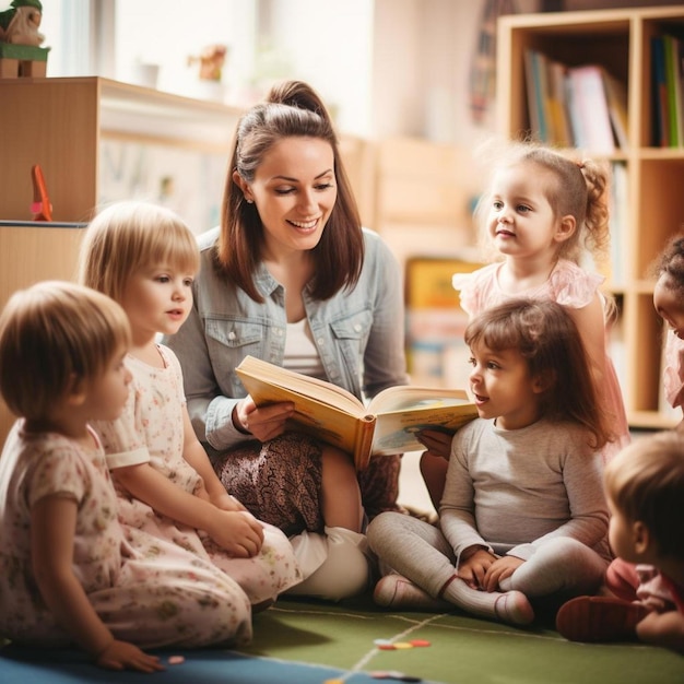 una donna legge un libro ai bambini in una stanza.