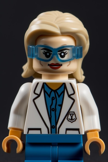 Una donna lego con camice da laboratorio e occhiali