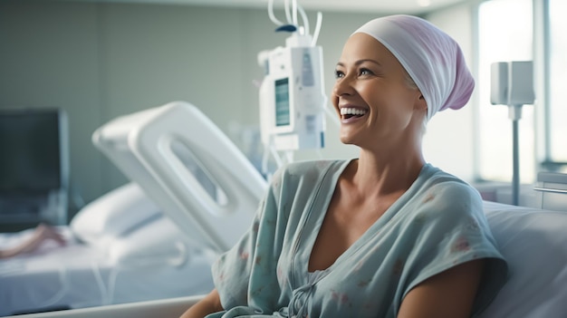Una donna malata di cancro con un piccolo sorriso sdraiata in un letto d'ospedale