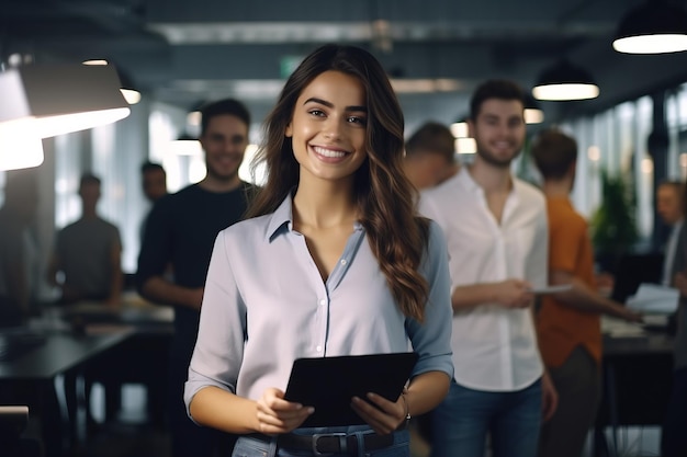 Una donna manager usa un tablet guarda la telecamera e sorride nell'ufficio sullo sfondo