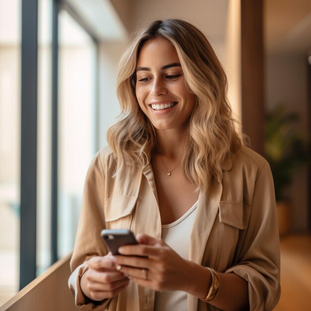 una donna manda messaggi al telefono e sorride