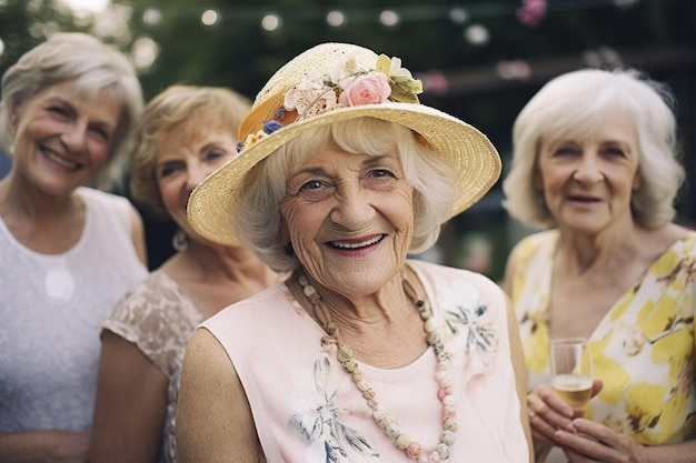 Una donna matura che sorride con le sue amiche a una festa in giardino creata con l'intelligenza artificiale generativa