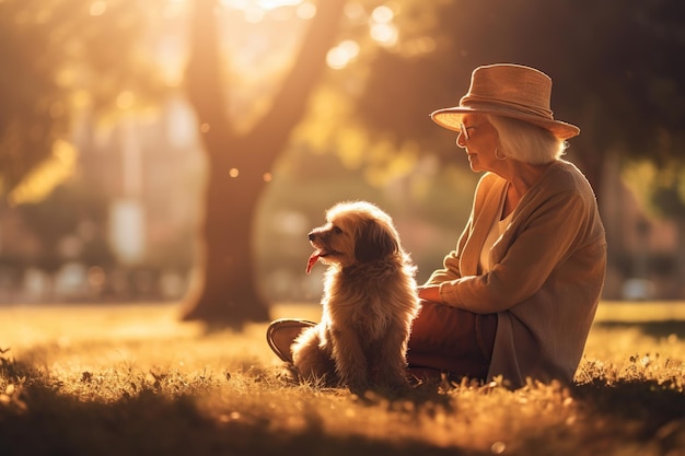 Una donna matura felice che gioca con un cane nel parco.
