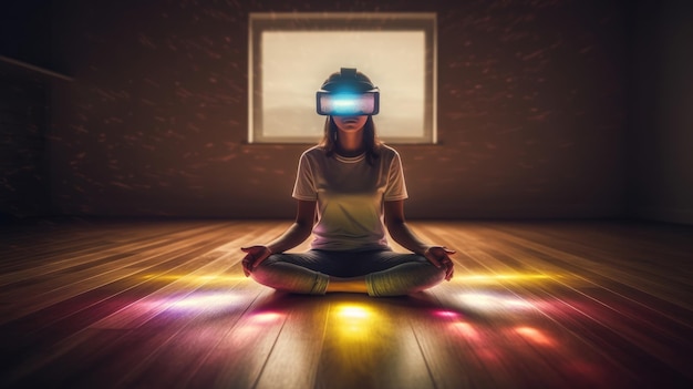 Una donna medita in realtà virtuale illuminata da luci vibranti